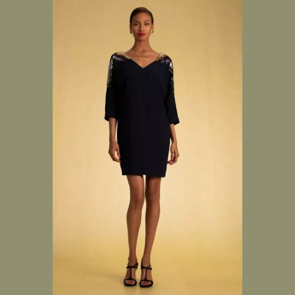 Trina Turk Size 2 Womens Sequin Shobu V-neck Half Sleeve Dress in Black - Picture 1 of 10